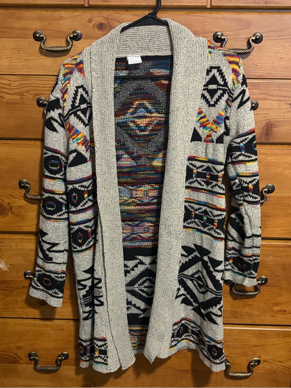 Shawl-Collar Aztec Open-Front Cardigan Sweater - Gray Multi